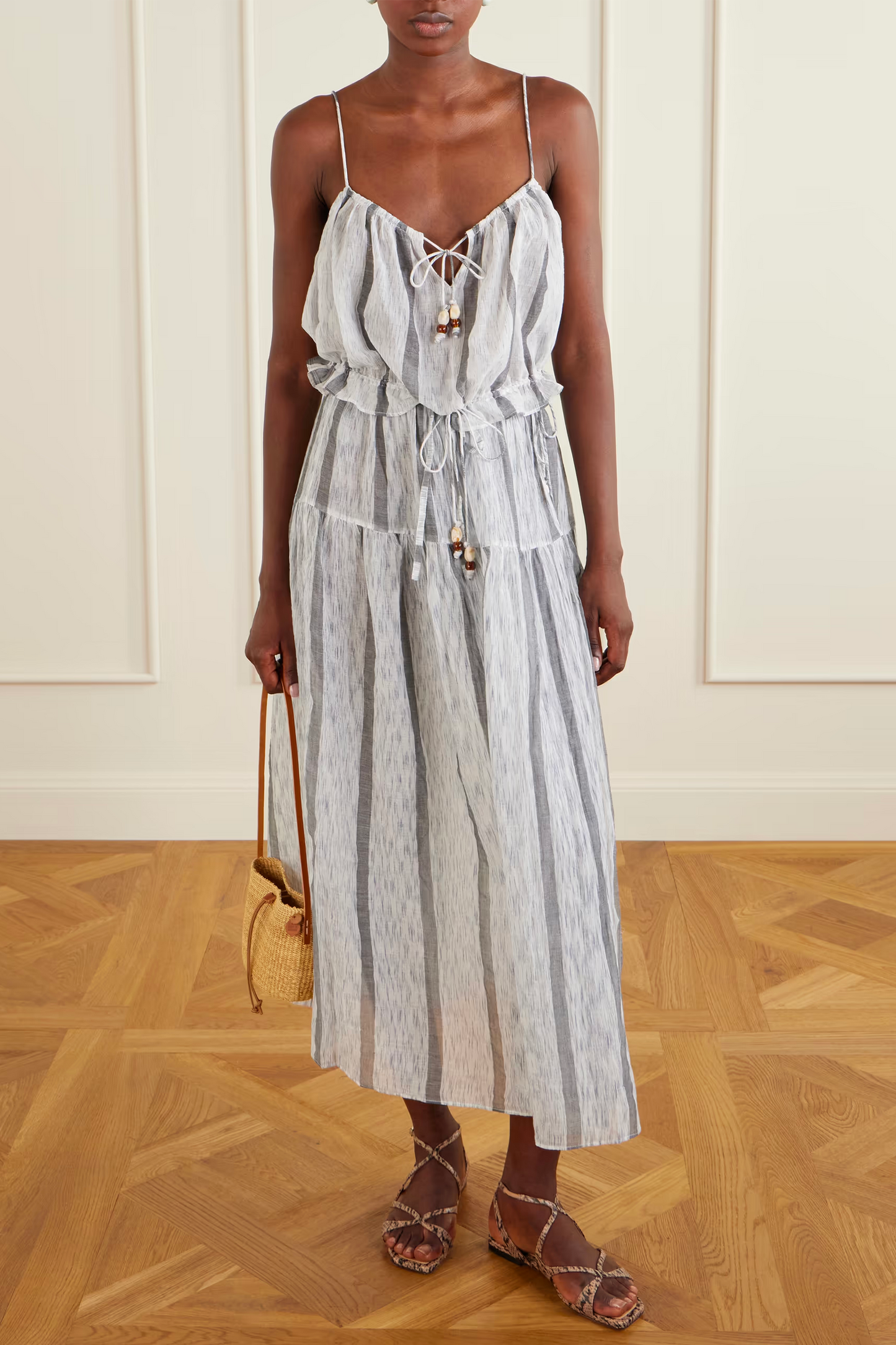 Cara Bead-embellished Striped Cotton Coverup