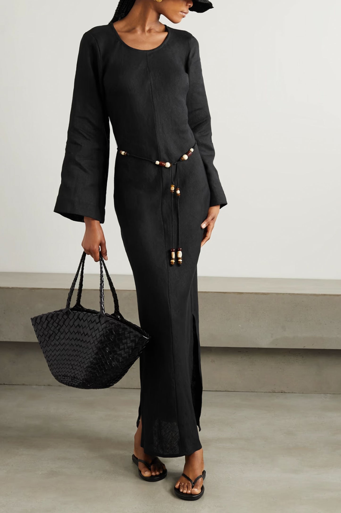 Galea Belted Bead-Embellished Linen Maxi Dress