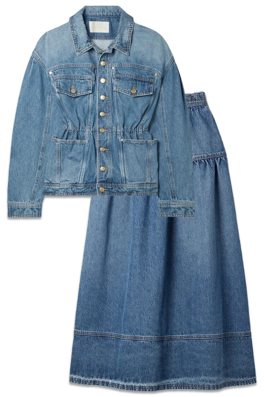 The Odette Denim Jacket and Astrid Frayed Paneled Denim Midi Skirt Set