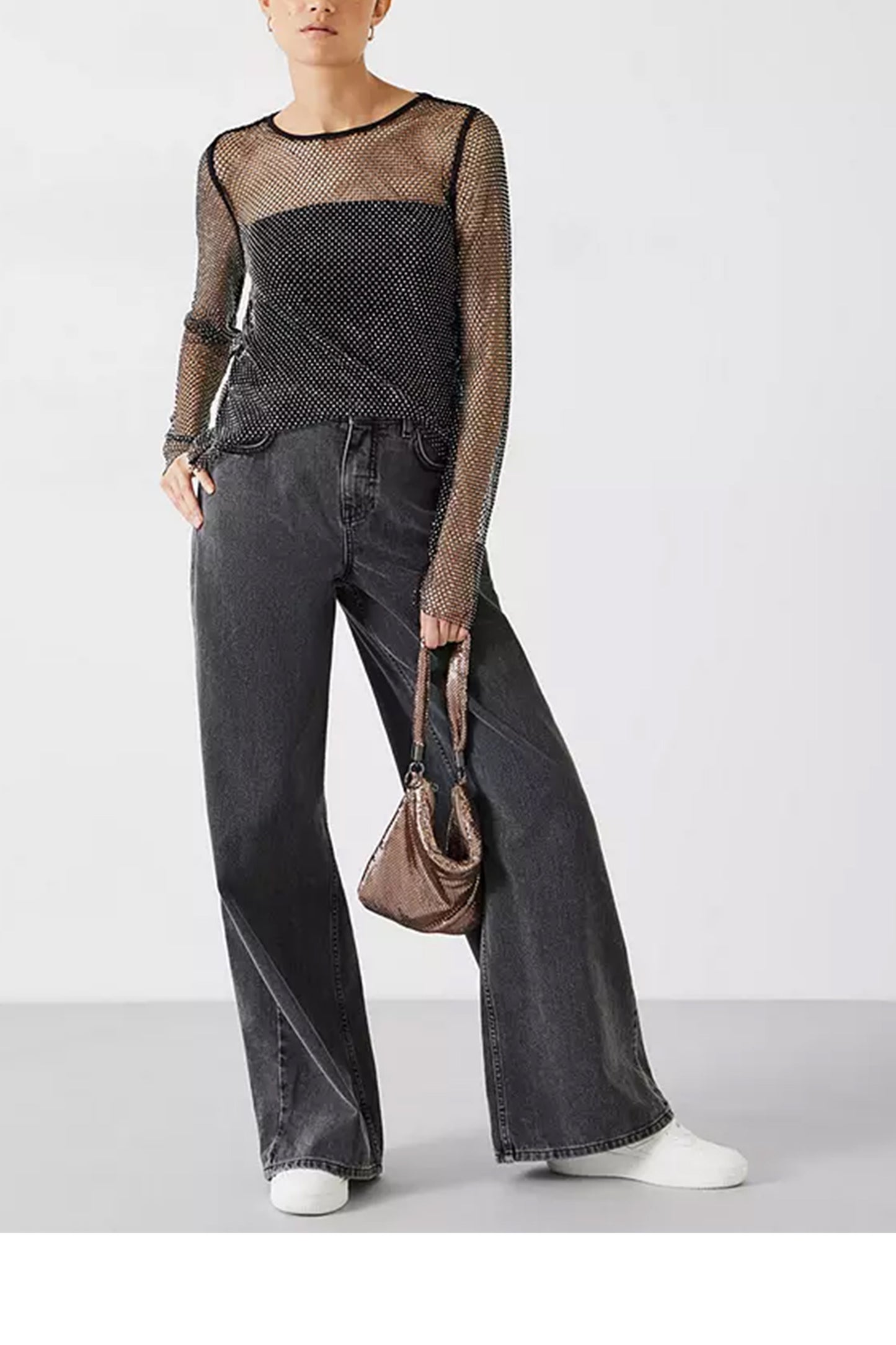 Una Sparkle Mesh Top, Black