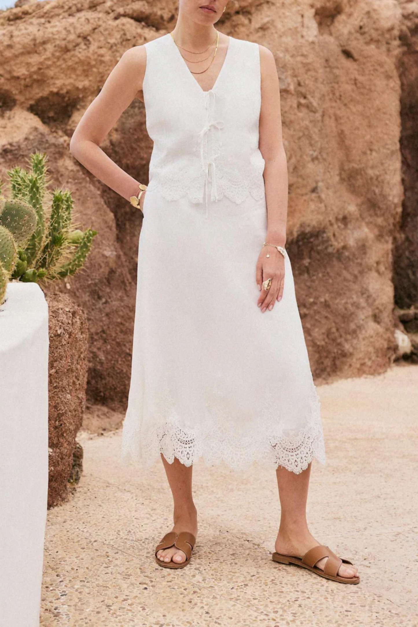 White Ramie Lace Detail Top and Midi Skirt
