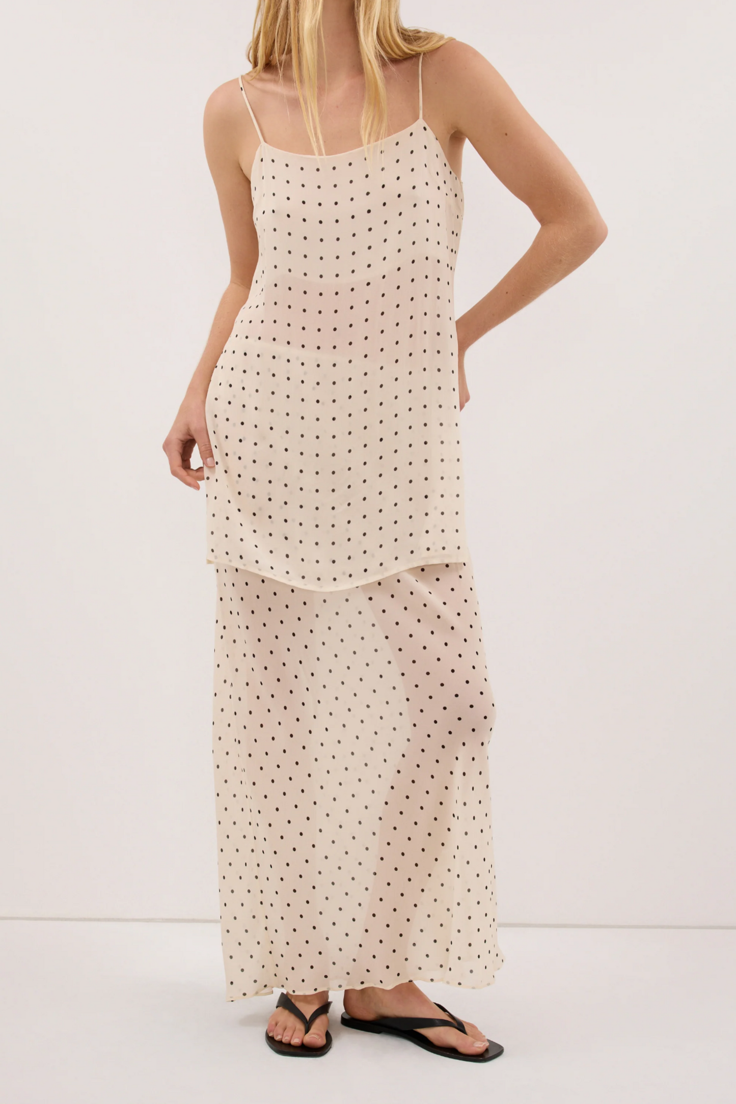 Vanessa Sandstone Sleeveless Spot Cami Top and Sheer Midi Skirt
