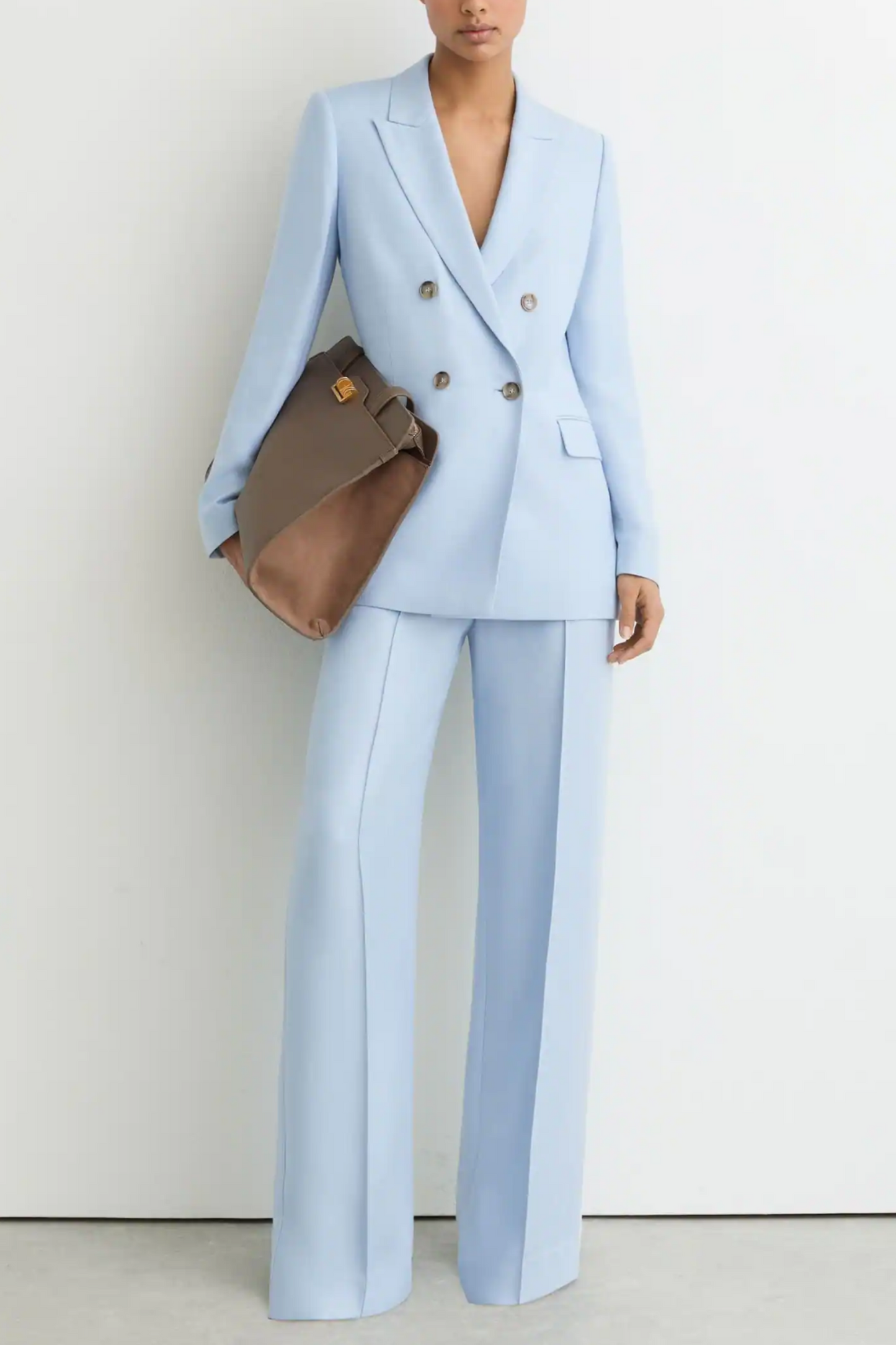 Double-Breasted Peak-Lapel Suit Jacket and Wide-Leg Trousers in Blue