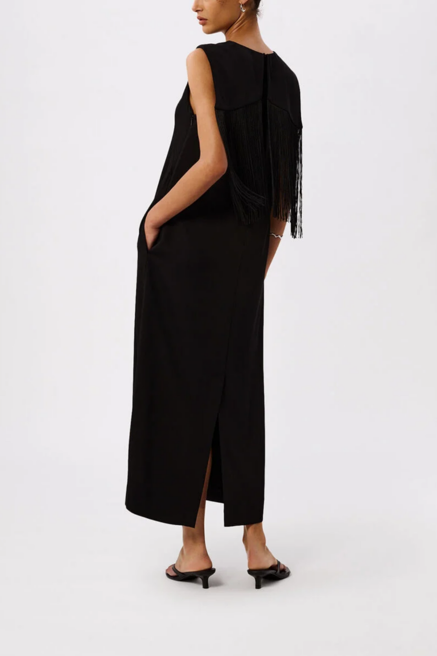Black Fringe Back Midi Dress