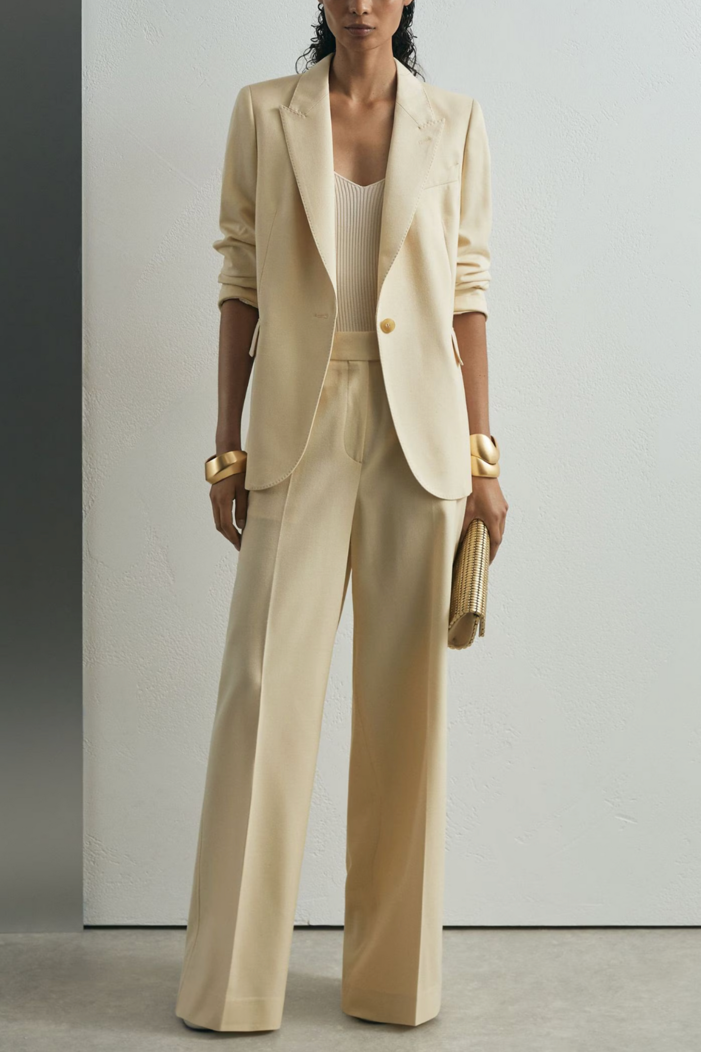 Atelier Silk-Wool Single-Breasted Suit Blazer in Cream