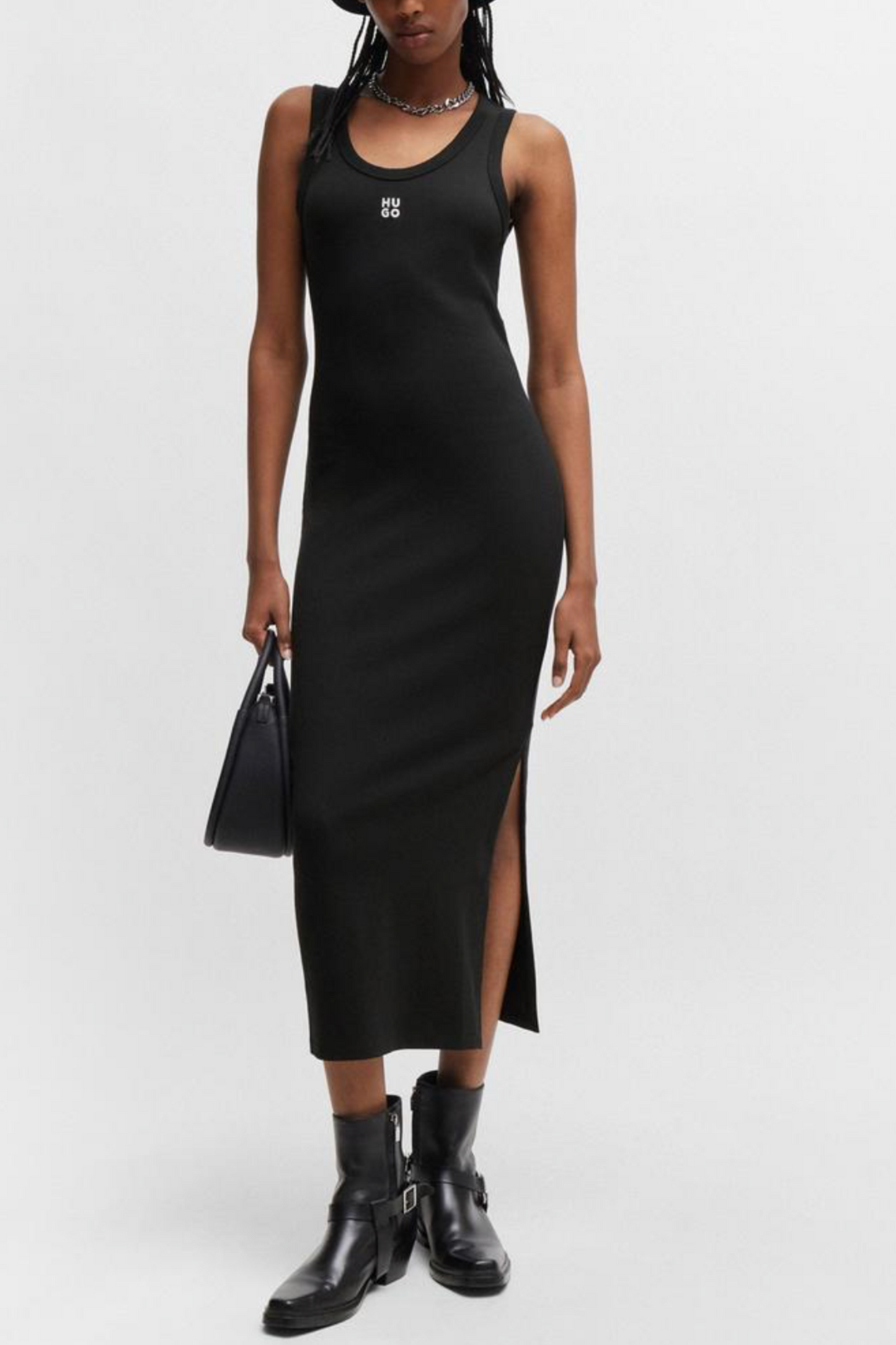 Womens HUGO Nalimera Ribbed Midi Dress with Logo Detail