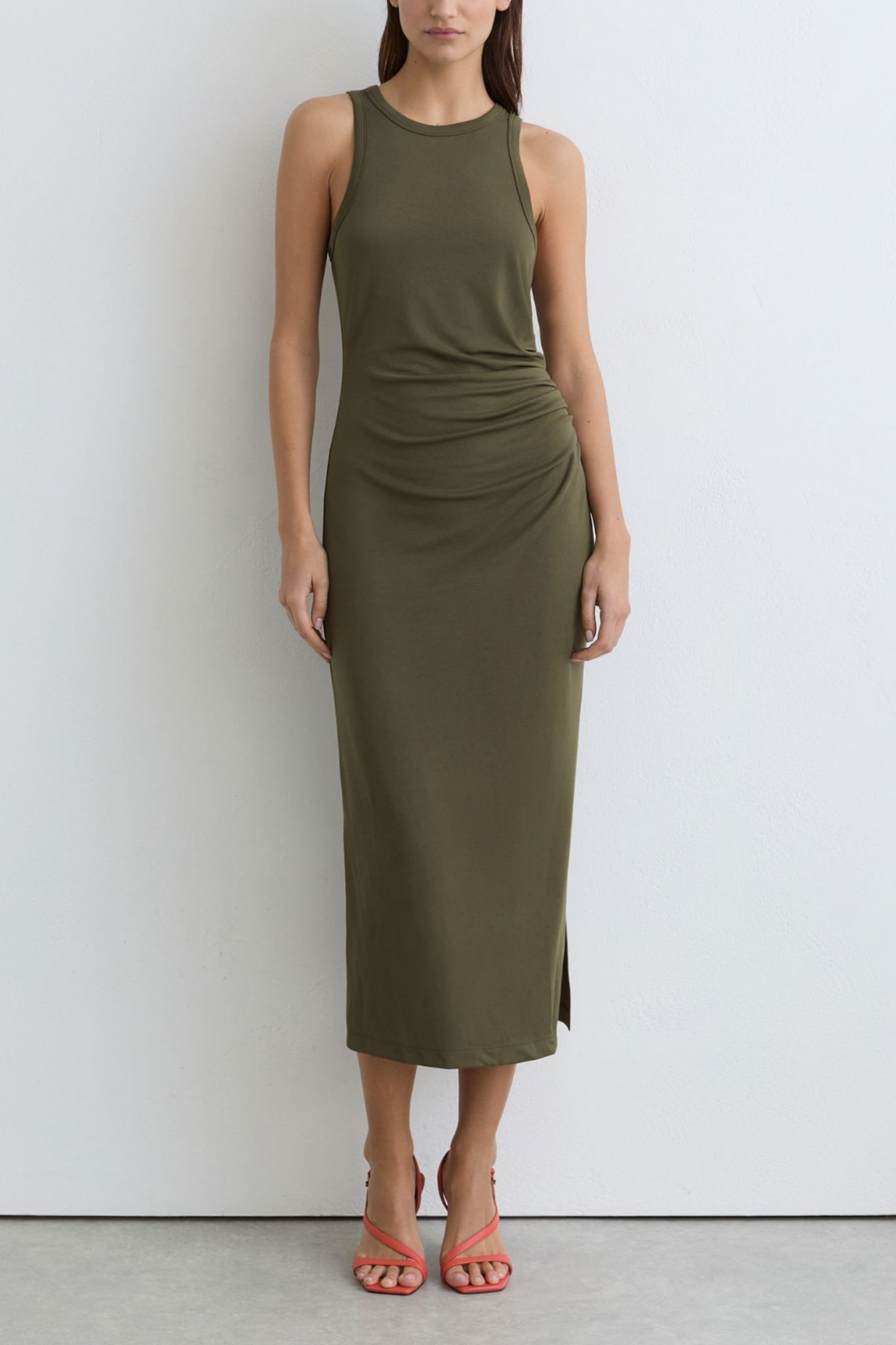 Jersey Ruched Racer Midi Dress in Khaki Green
