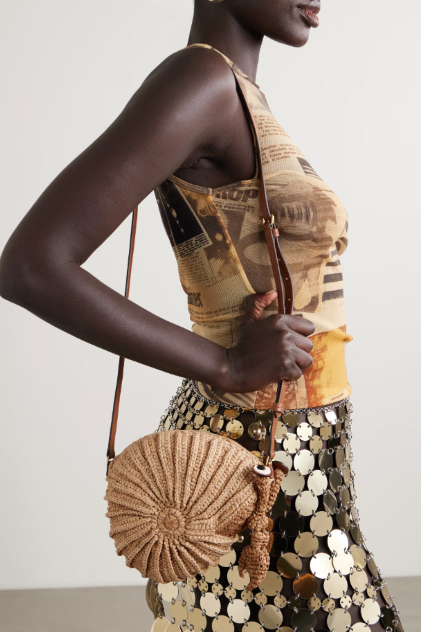 Hermit Crab leather-trimmed raffia shoulder bag