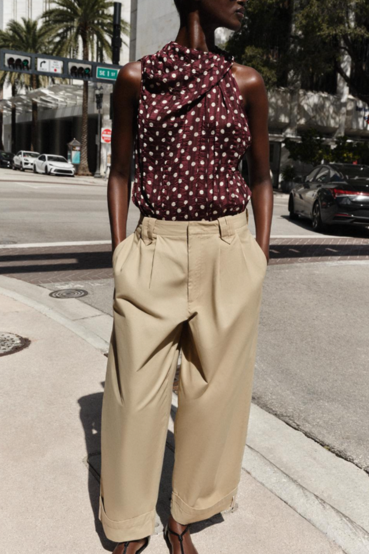 Turn-up Hem Darted Trousers