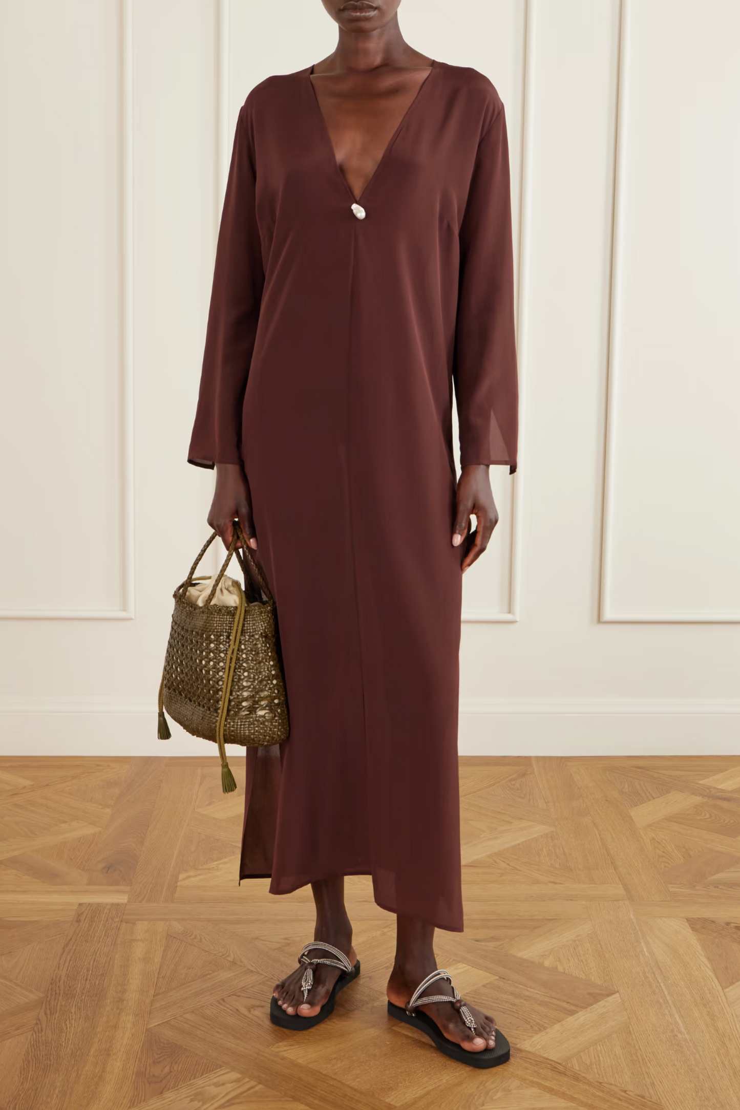 Pearl-embellished Silk-chiffon Kaftan