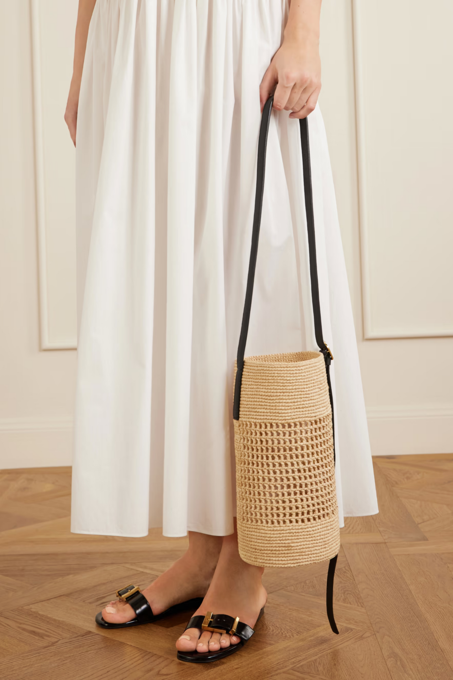 Billie Small Leather-trimmed Raffia Bucket Bag