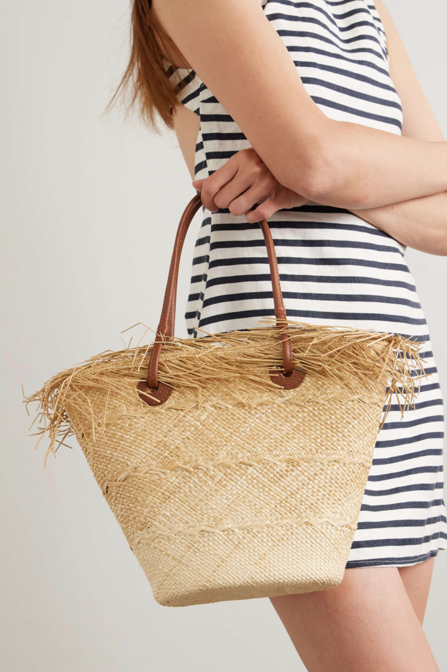 Leather-trimmed Frayed Ombré Straw Tote