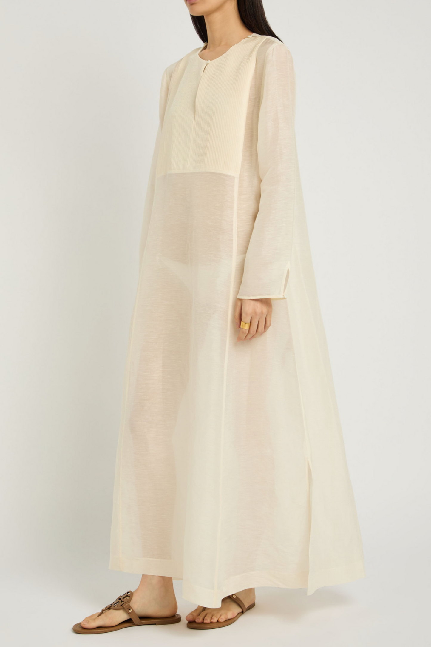 Pintucked linen and silk-blend kaftan