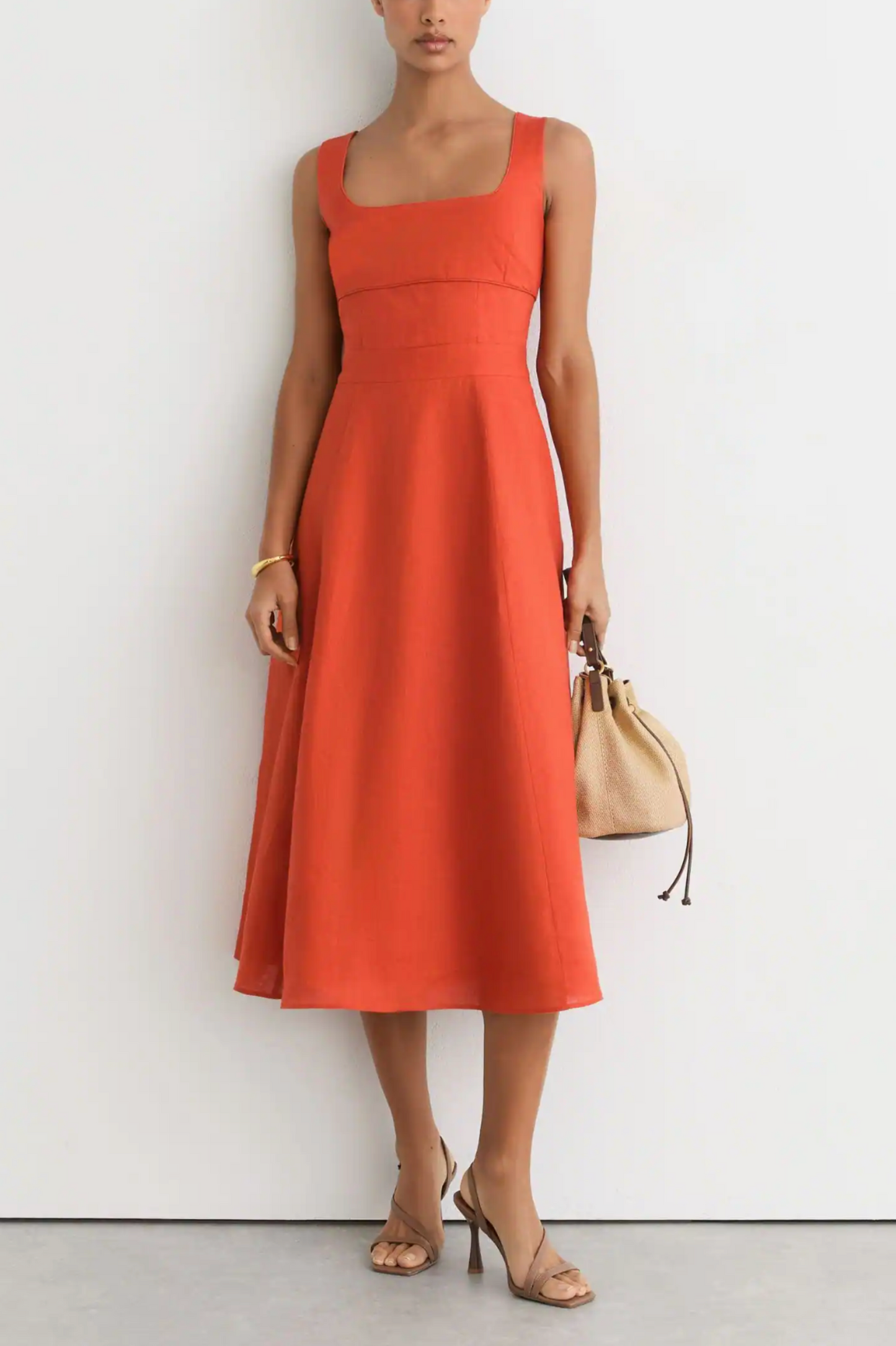 Linen Square-neck Midi Dress in Coral Orange