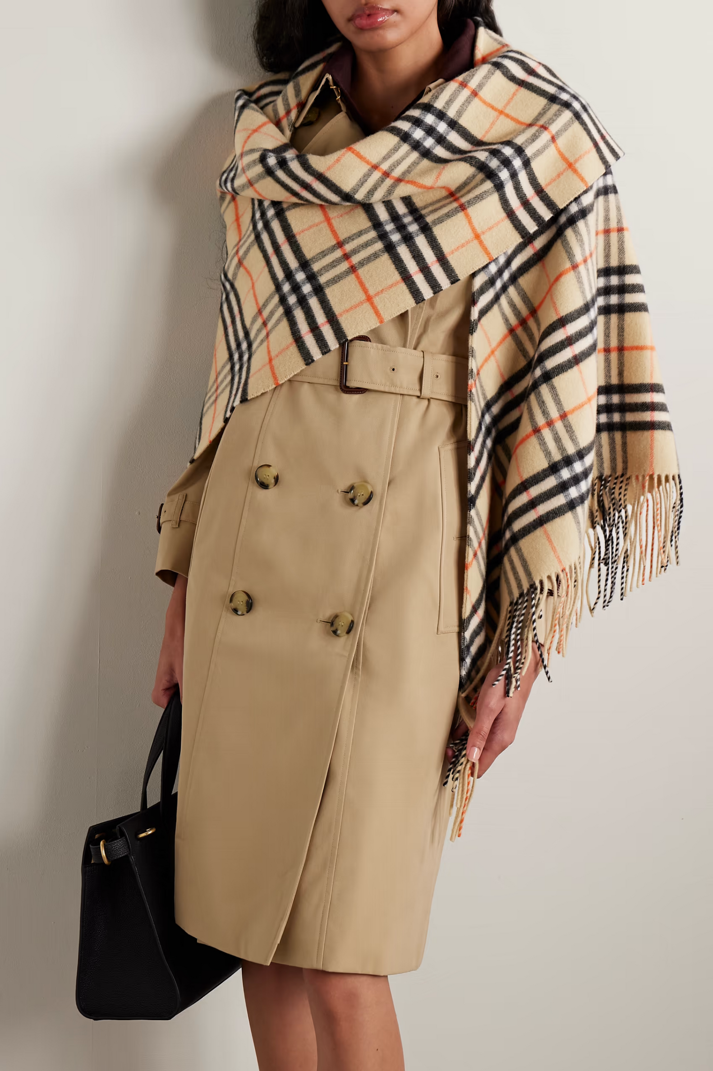 Fringed Checked Wool and Cashmere Blend Cape