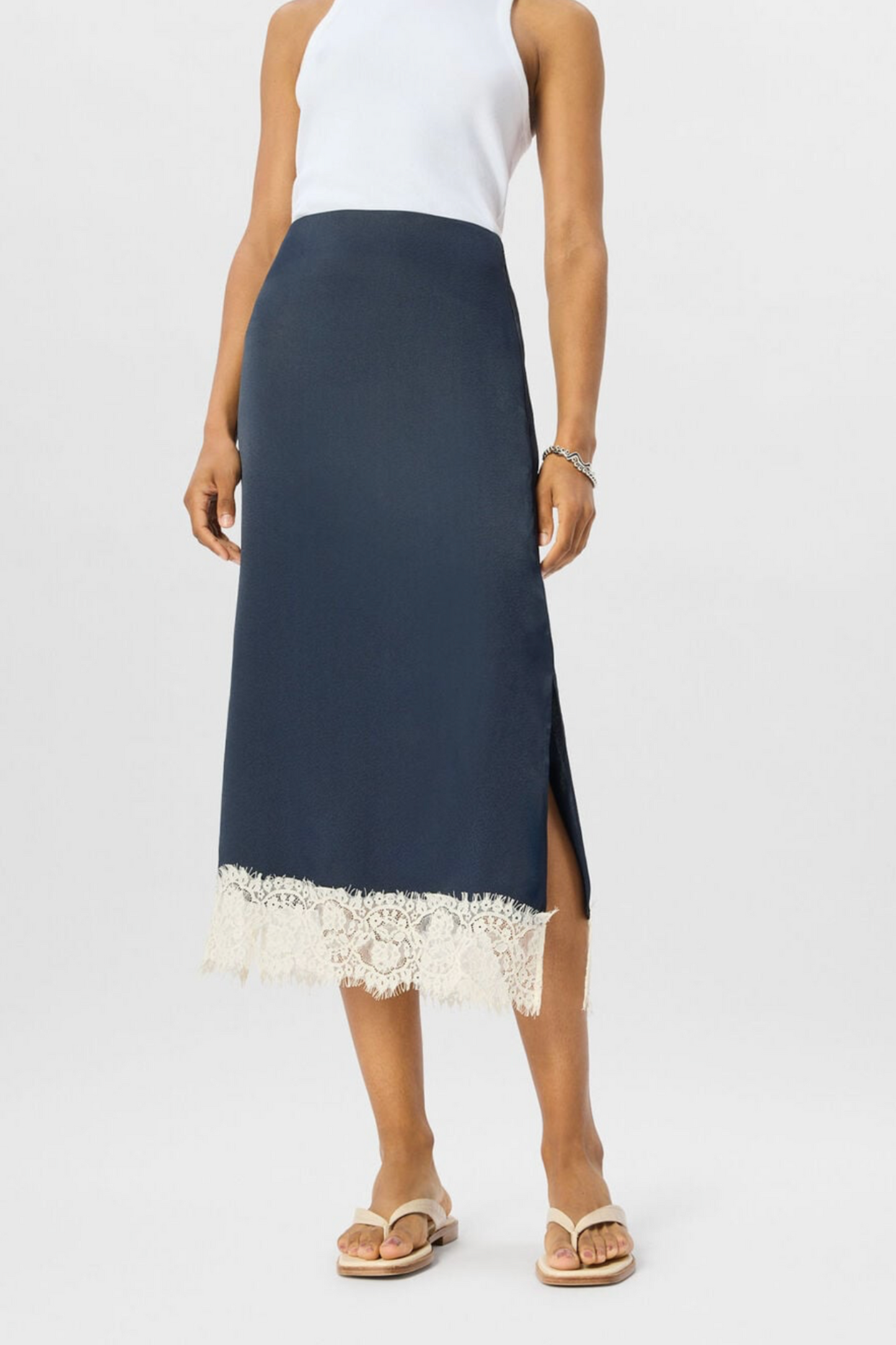 Navy Lace Hem Satin Midi Skirt