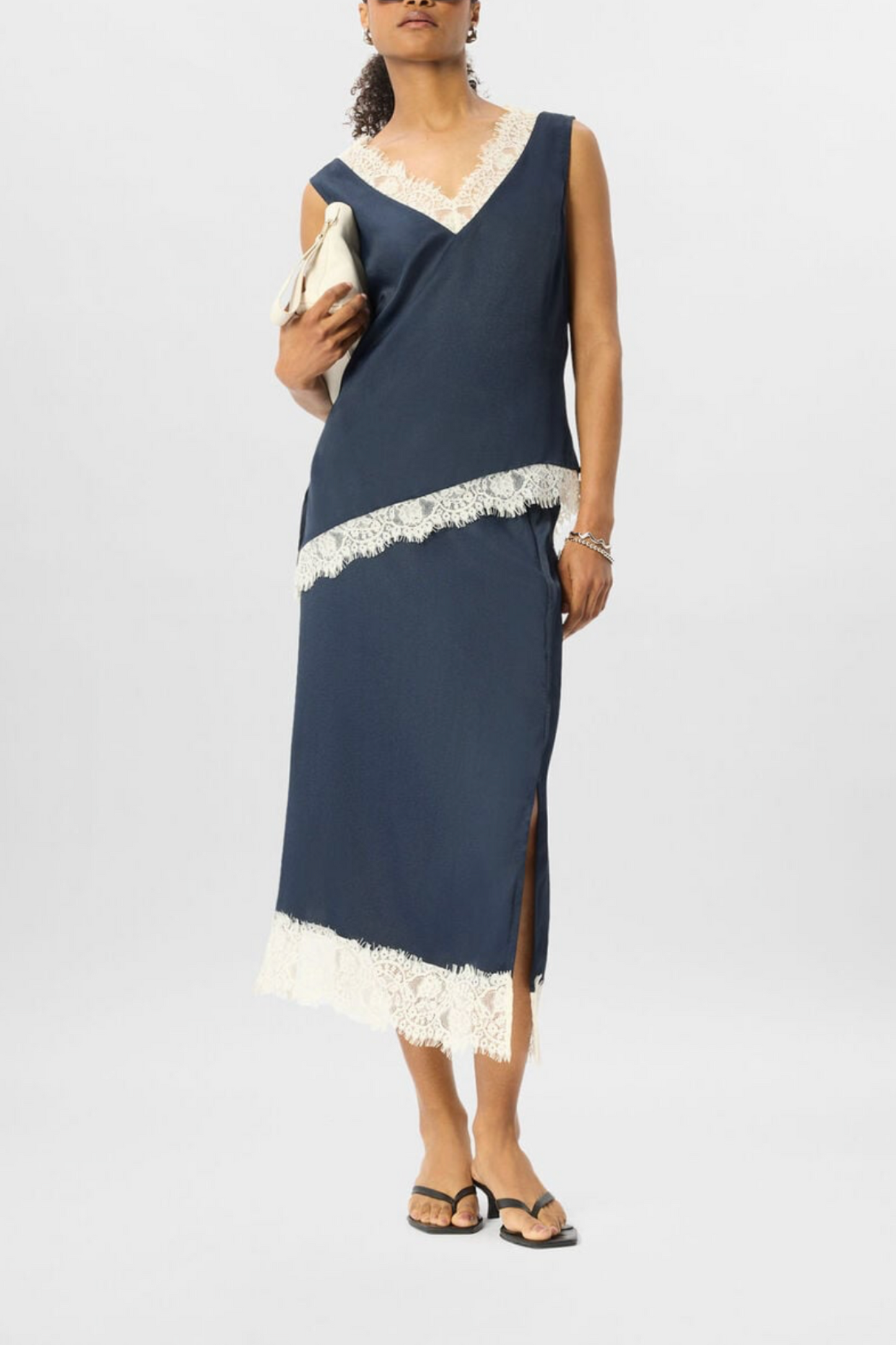 Navy Lace Trim Satin Cami Top