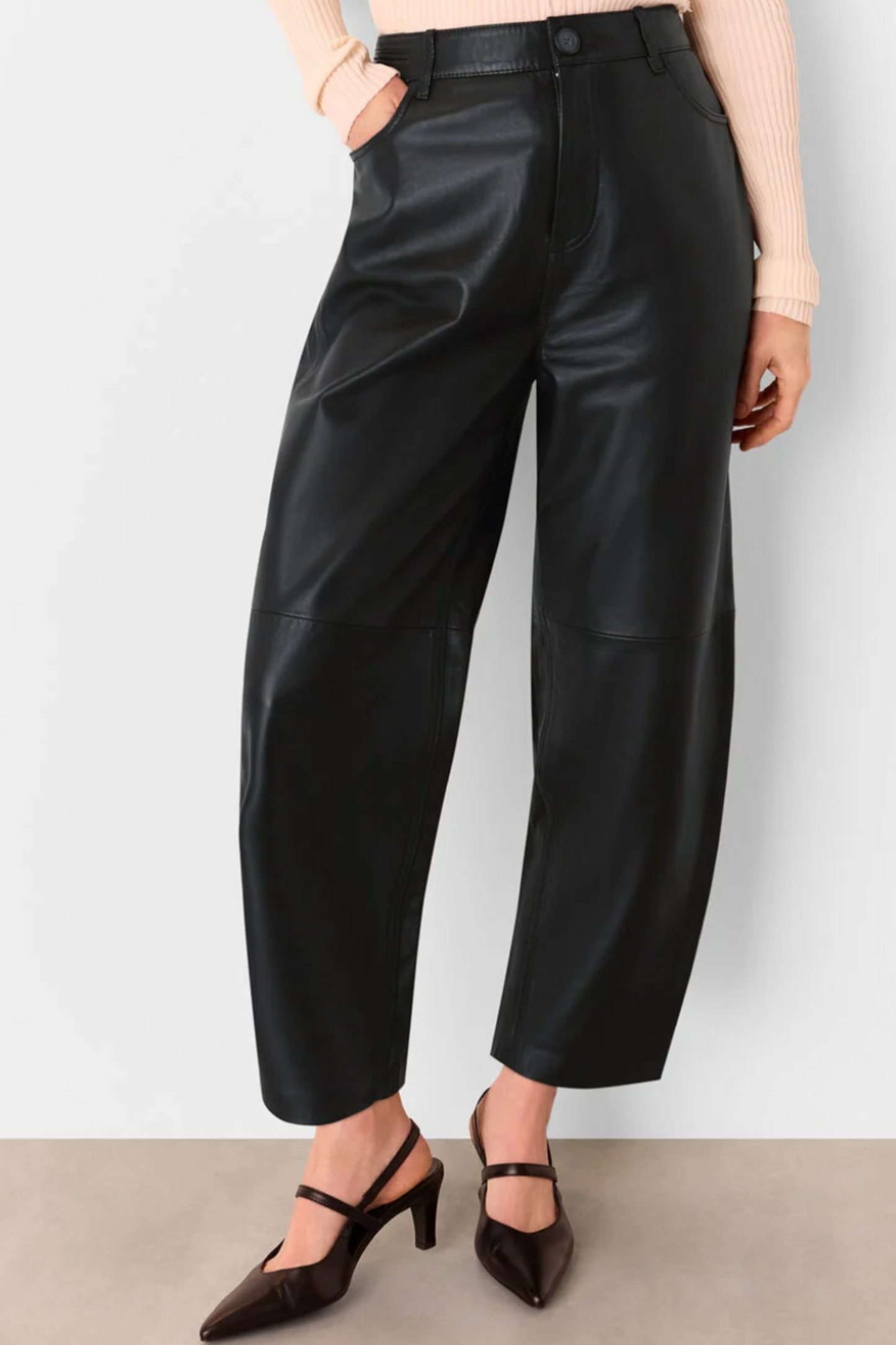 Black Leather Barrel Leg Trouser
