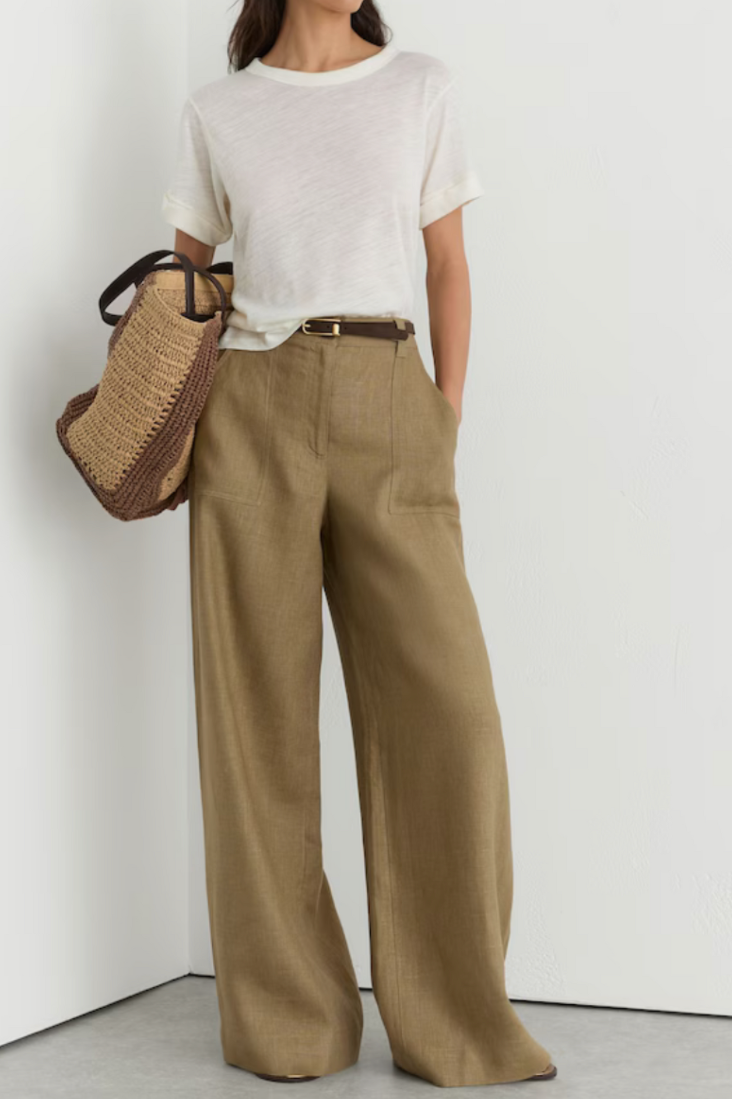 Linen Wide-Leg Trousers in Light Khaki Green