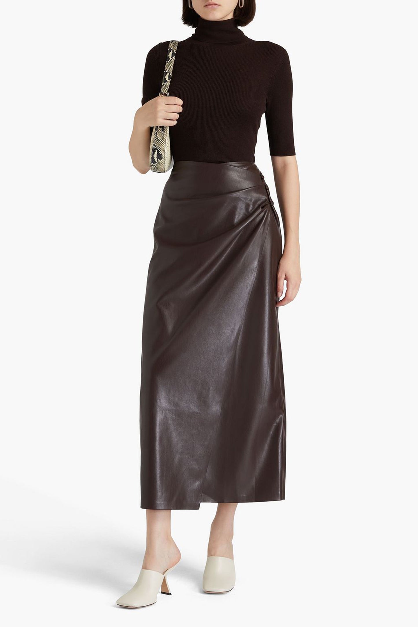 Draped Faux Leather Wrap Skirt