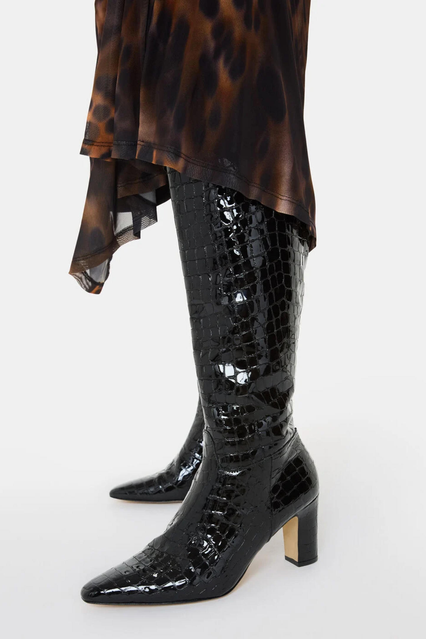 Black Albie Croc Knee High Boots
