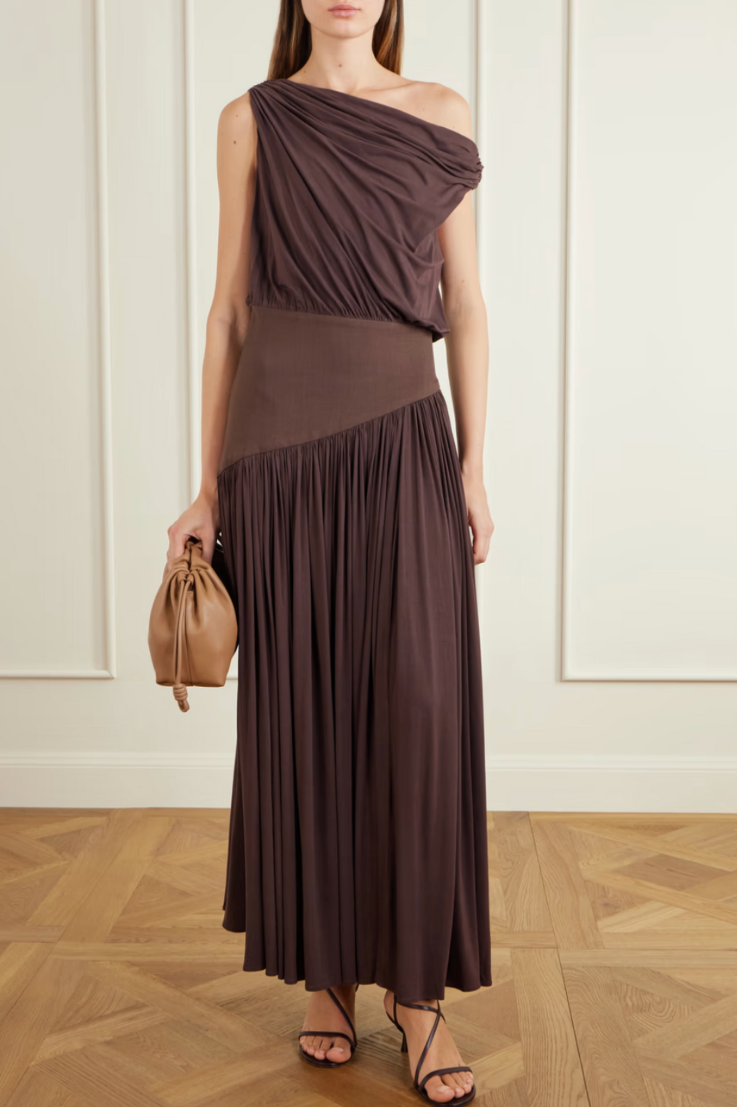 Gwen one-shoulder asymmetric draped jersey-trimmed stretch-bamboo maxi dress