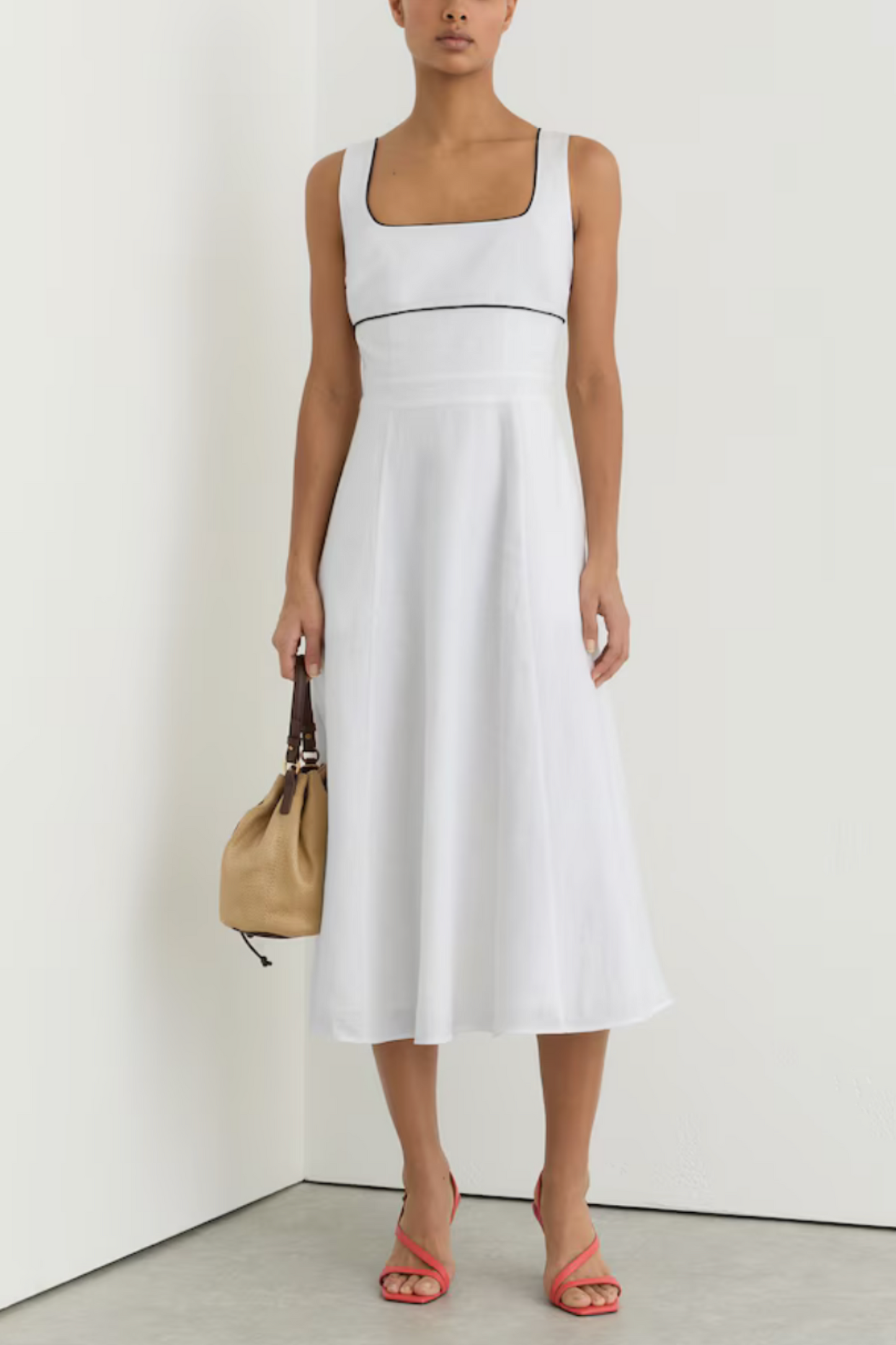 Petite Linen Contrast-Trim Midi Dress in Ivory