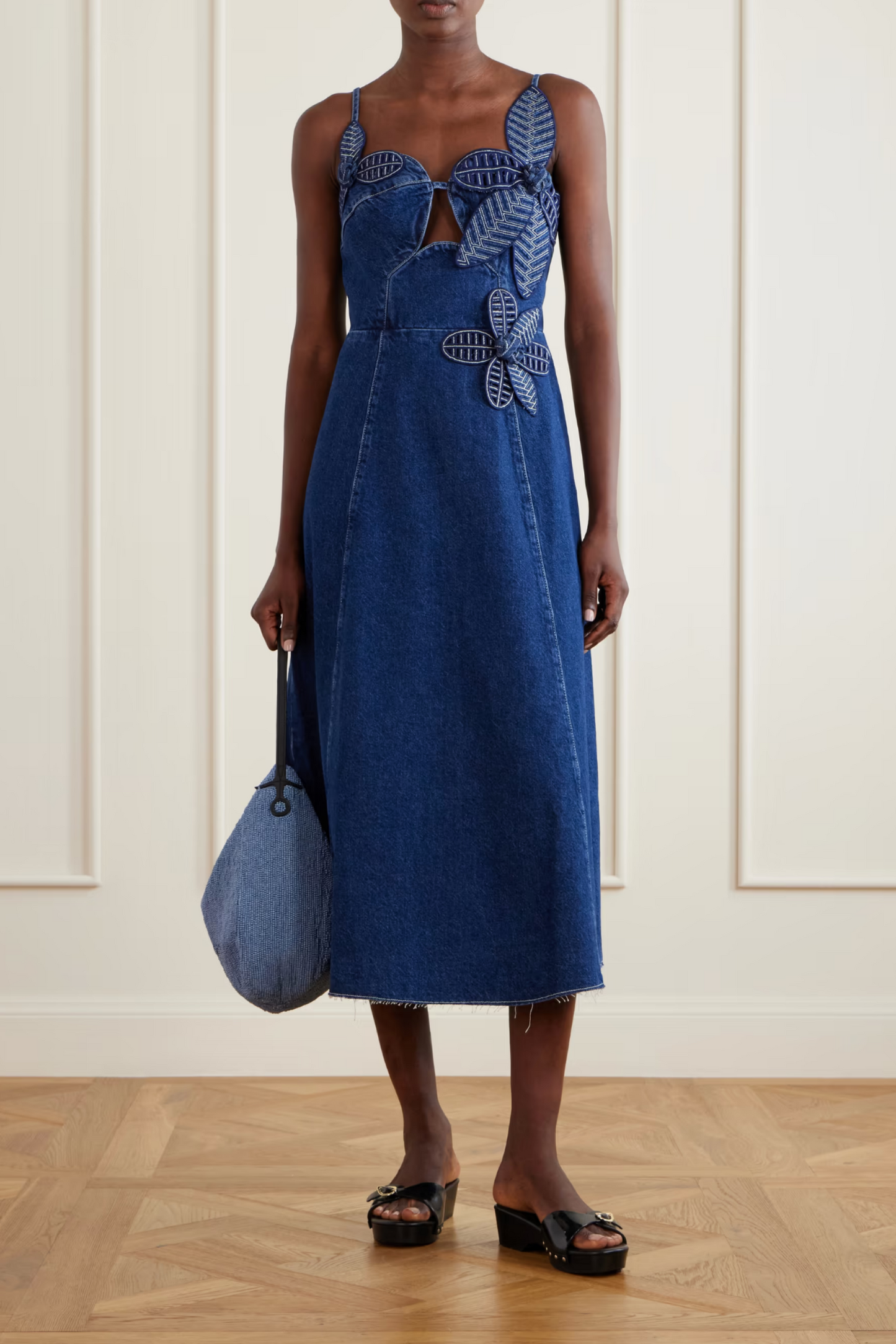 Floral-appliquéd Denim Midi Dress