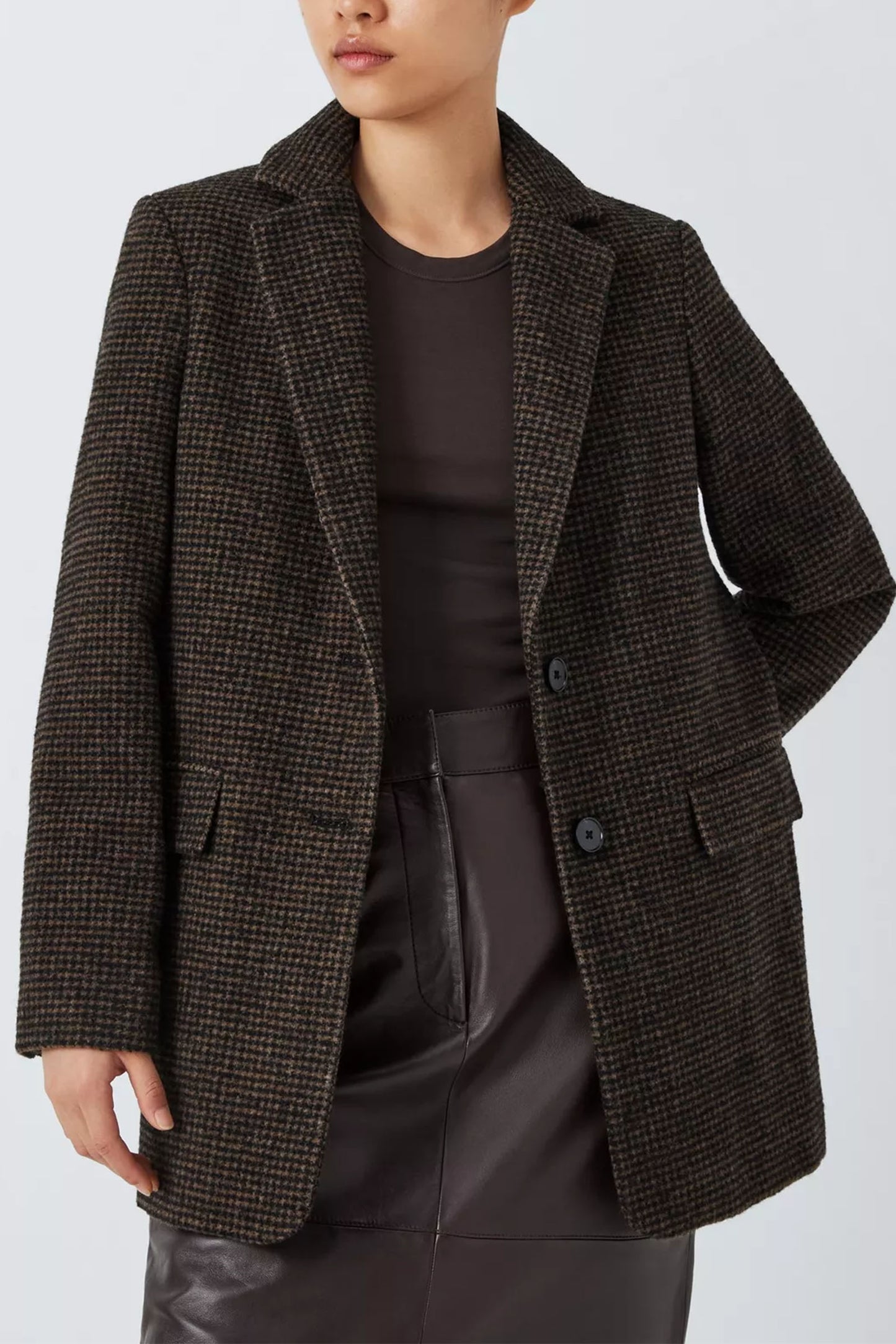 Single Breasted Wool Blend Houndstooth Jacket, Chocolate/Black