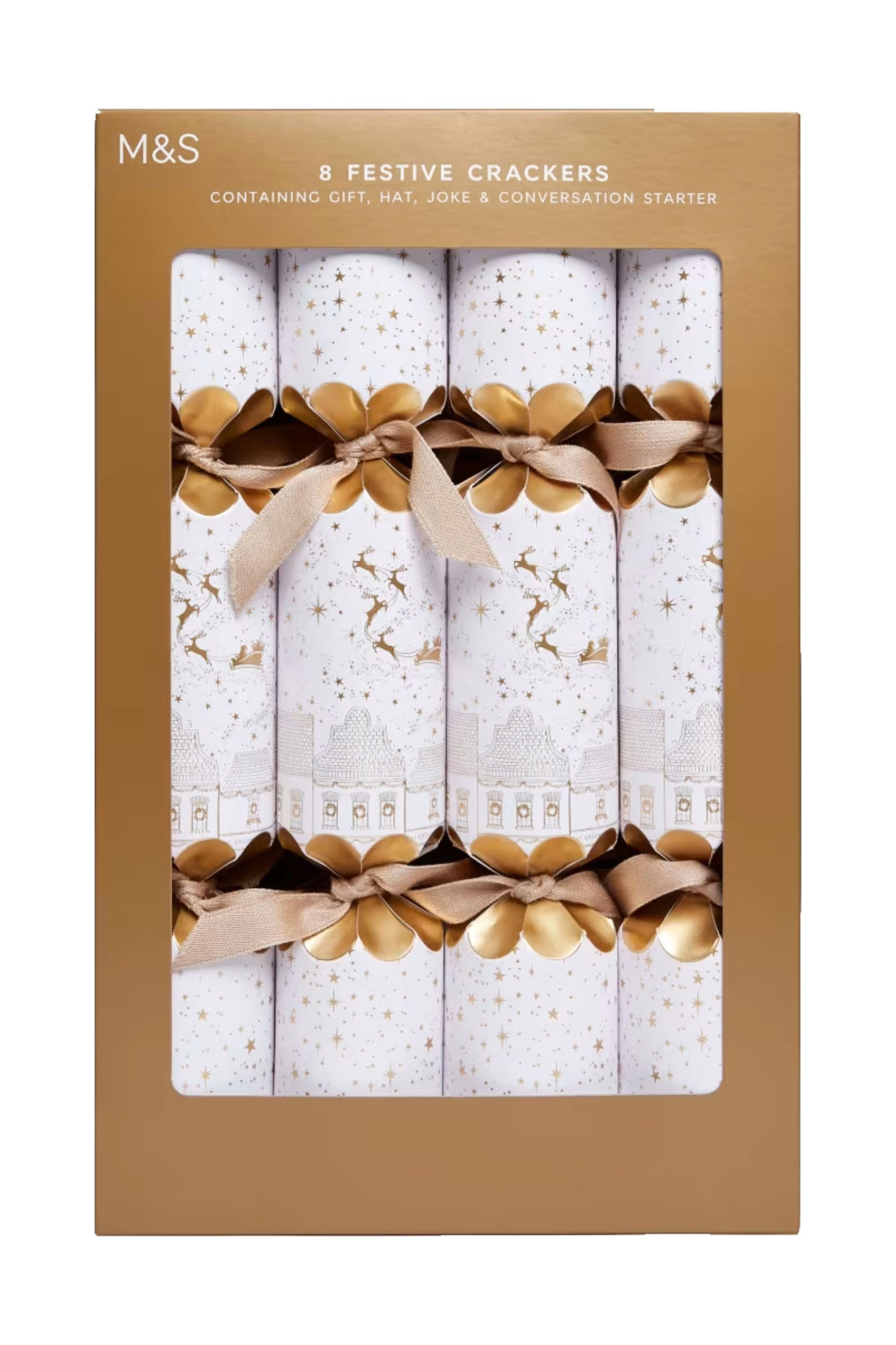 8 Luxury Christmas Crackers - White & Gold Design
