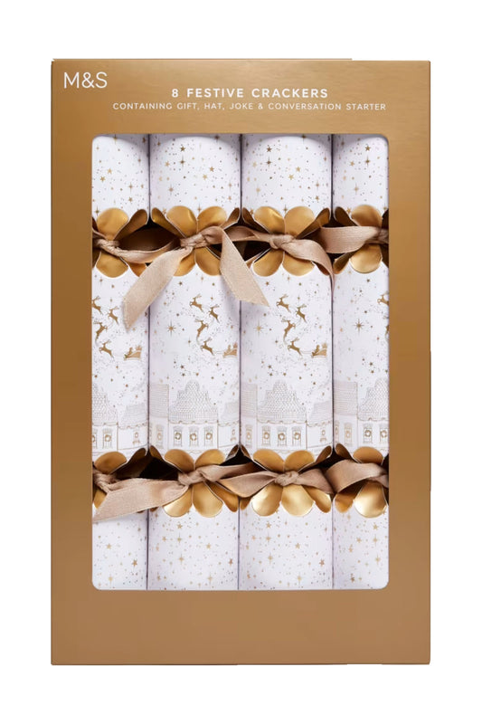 8 Luxury Christmas Crackers - White & Gold Design