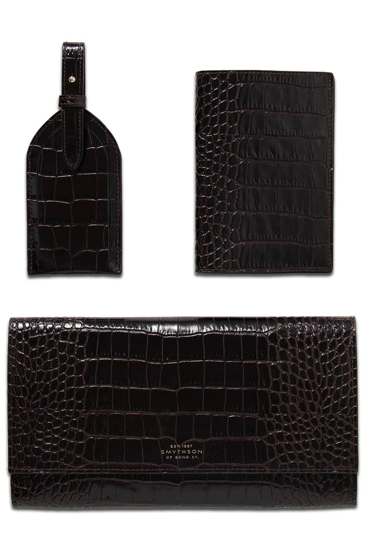 Mara Croc-effect Leather Clutch, Passport Holder and Luggage Tag Set