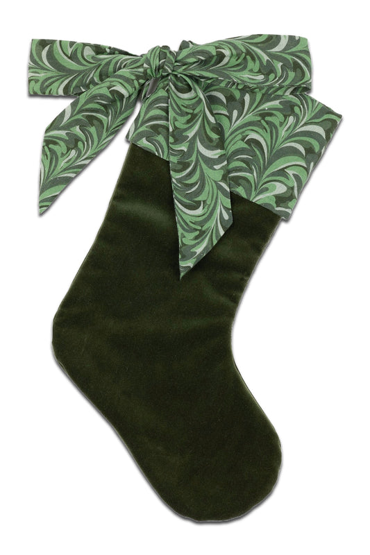 Marble Linen & Velvet Bow Christmas Stocking, Green