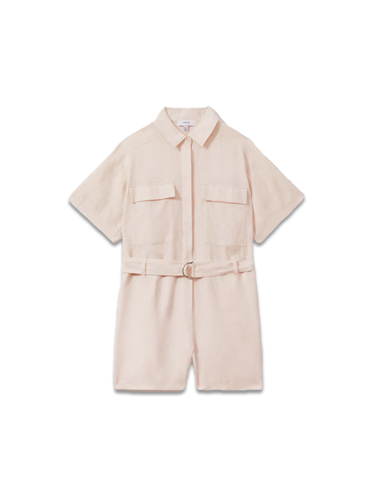 Linen Belted Playsuit in Pink
