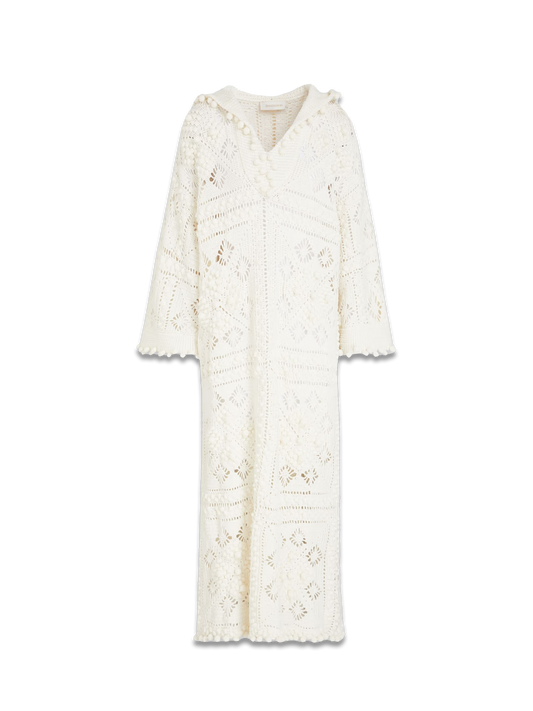 Crochet-knit cotton hooded kaftan