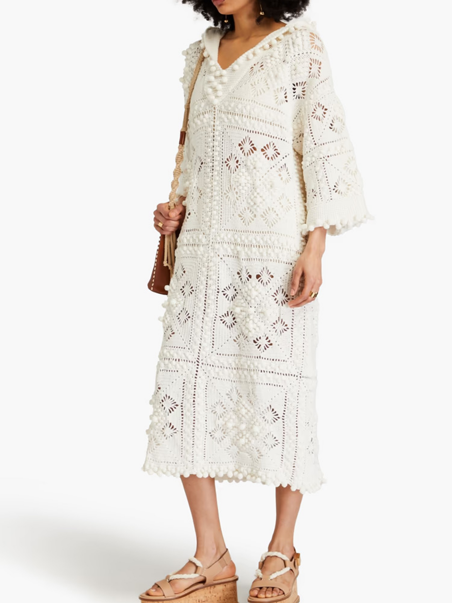 Crochet-knit cotton hooded kaftan