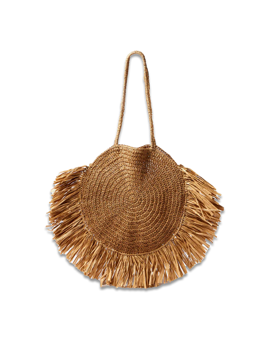 Neutral Circular Woven Fringe Bag