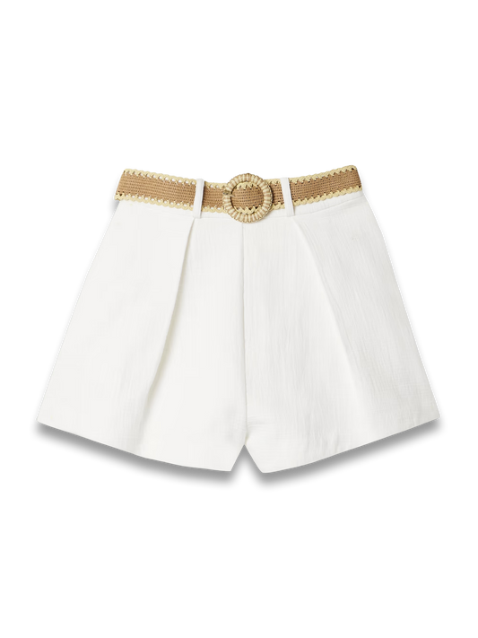 Acacia belted pleated textured-cotton shorts