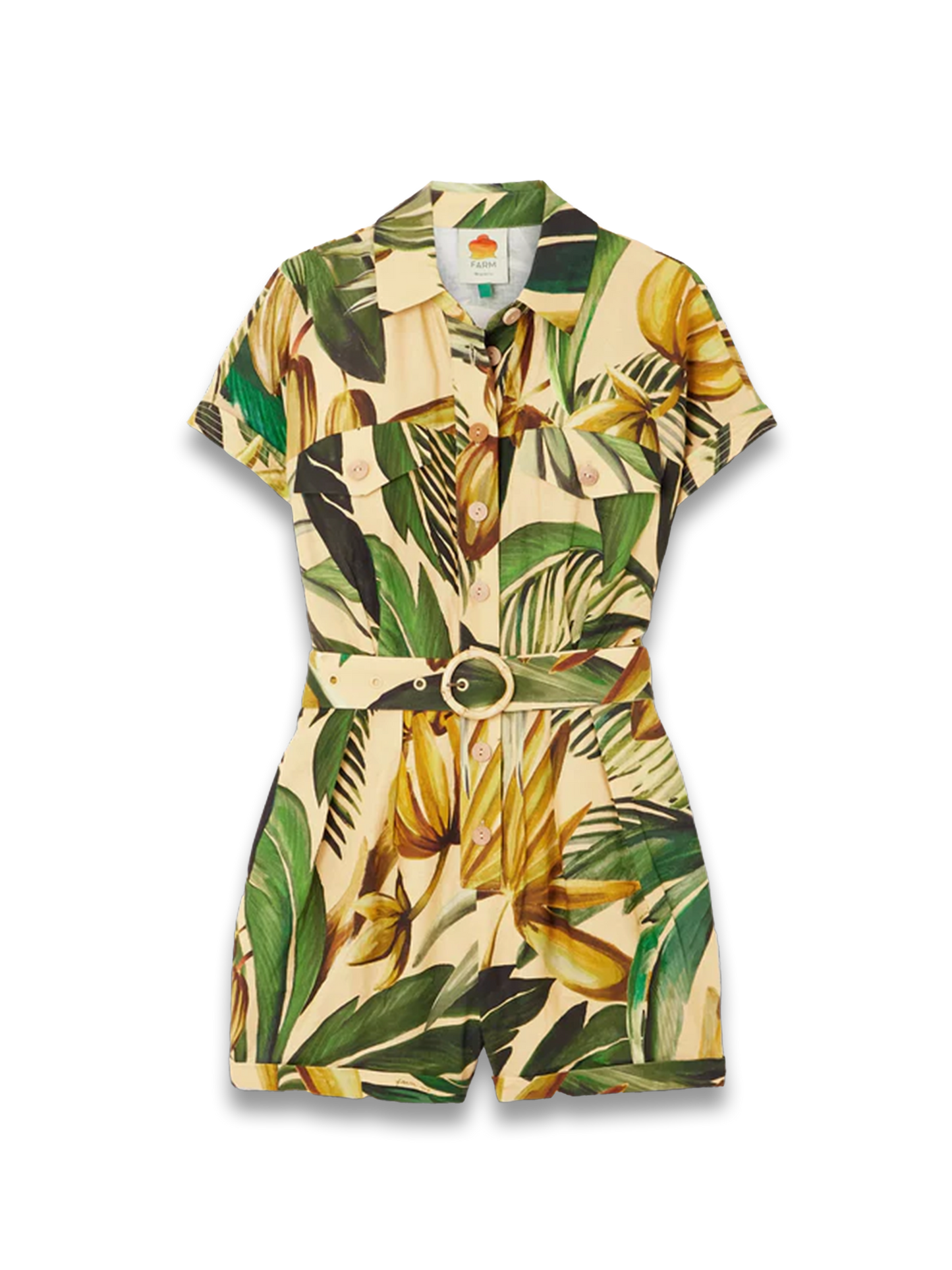 Bananart belted printed linen-blend playsuit