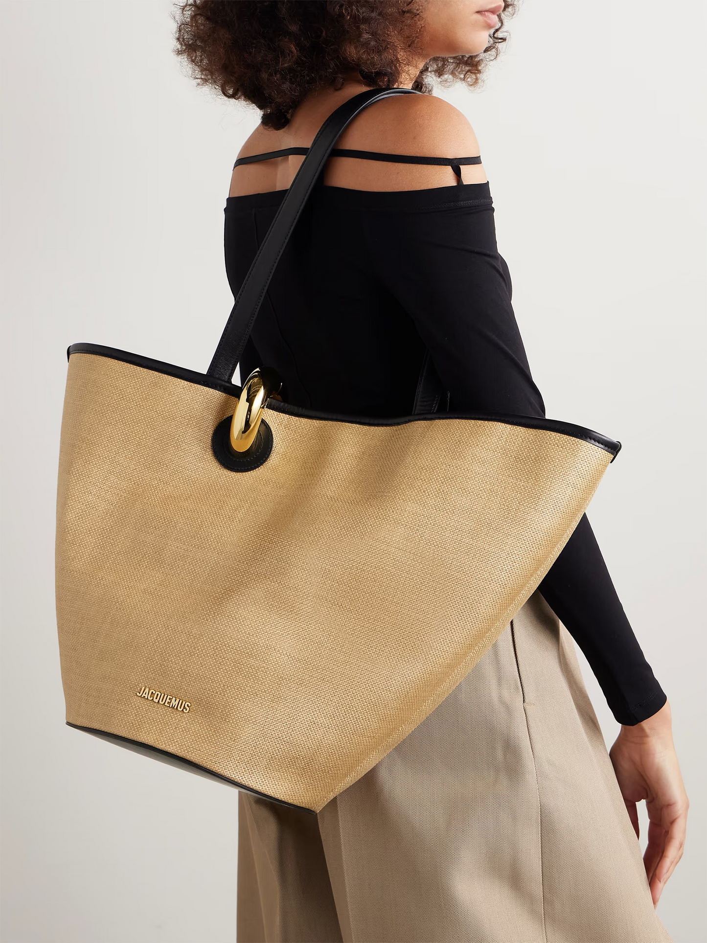 Le Bambola asymmetric embellished leather-trimmed faux raffia tote