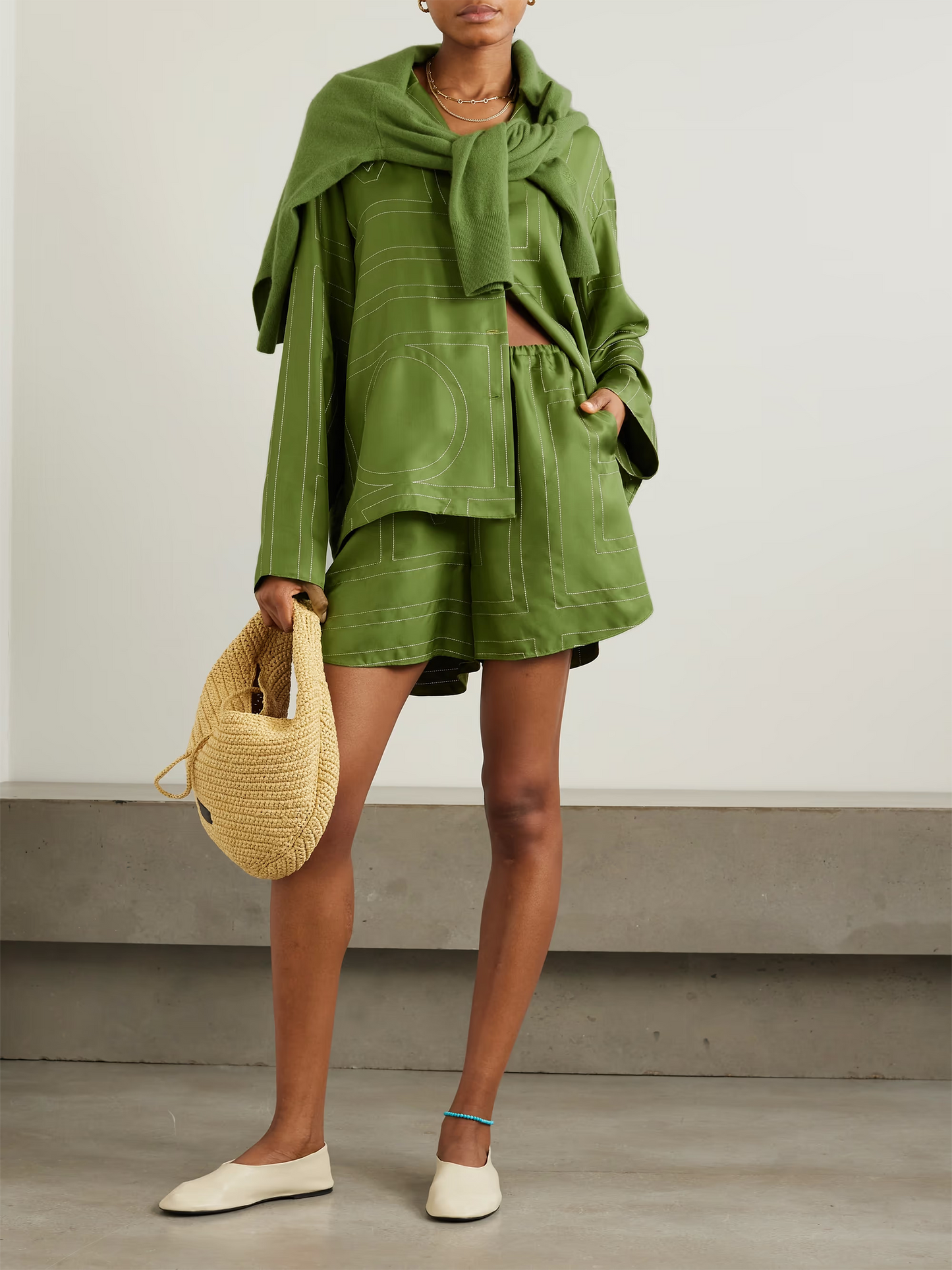 Embroidered silk-twill shorts