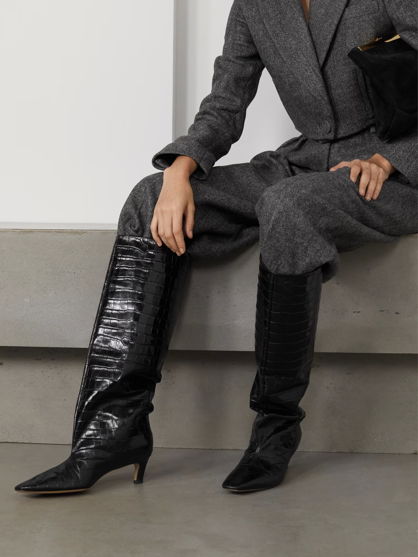 Croc-effect Leather Knee Boots