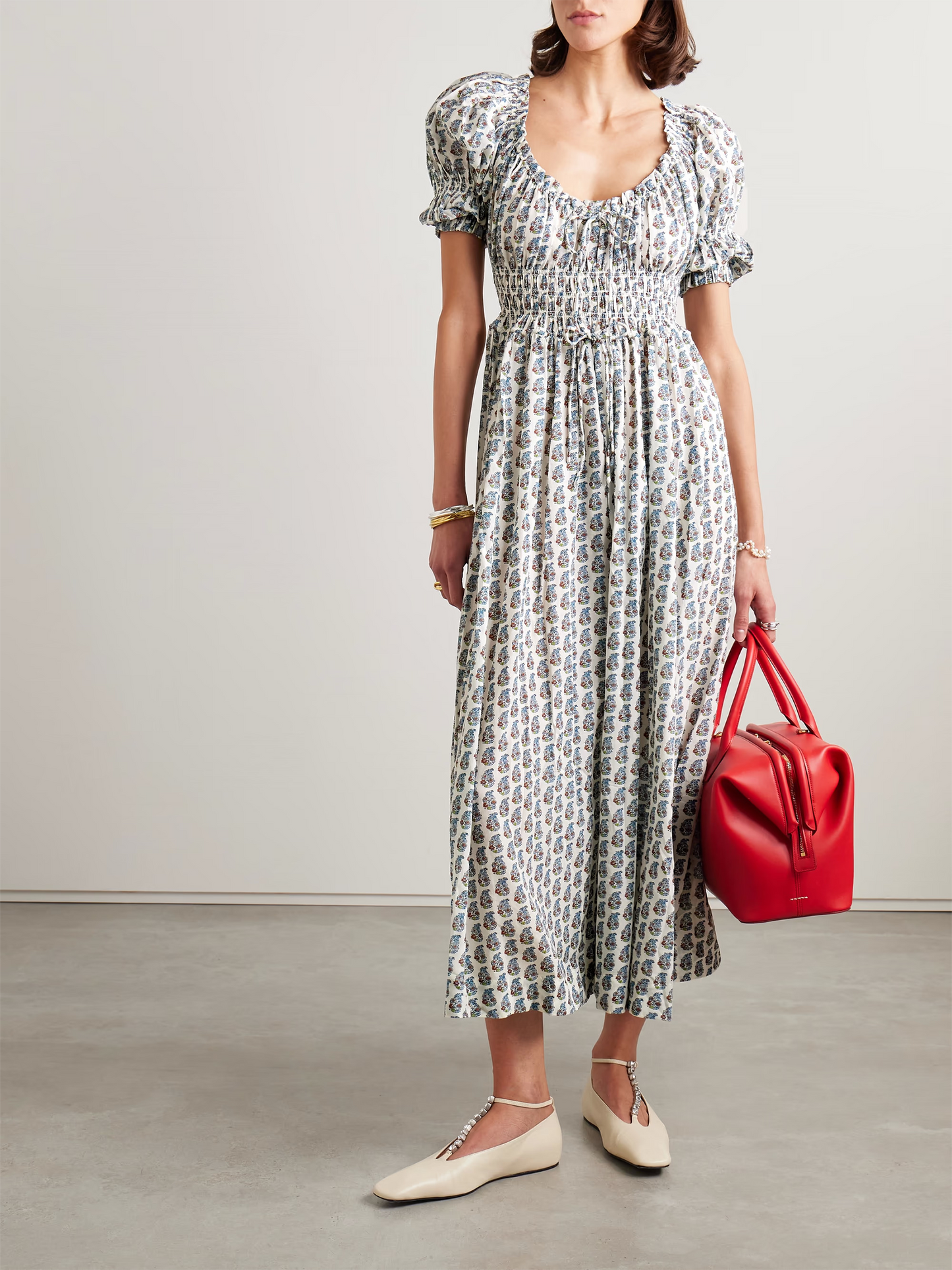 Ischia shirred floral-print organic cotton-blend voile midi dress