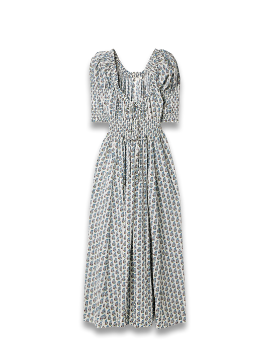 Ischia shirred floral-print organic cotton-blend voile midi dress