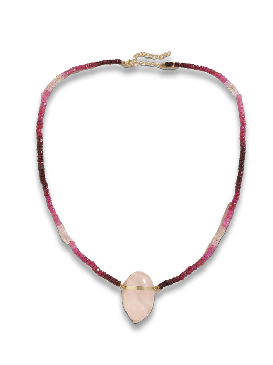 Gold, ruby and rose quartz necklace