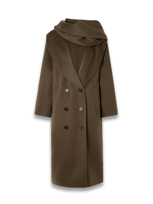 Double-breasted scarf-detailed layered wool coat