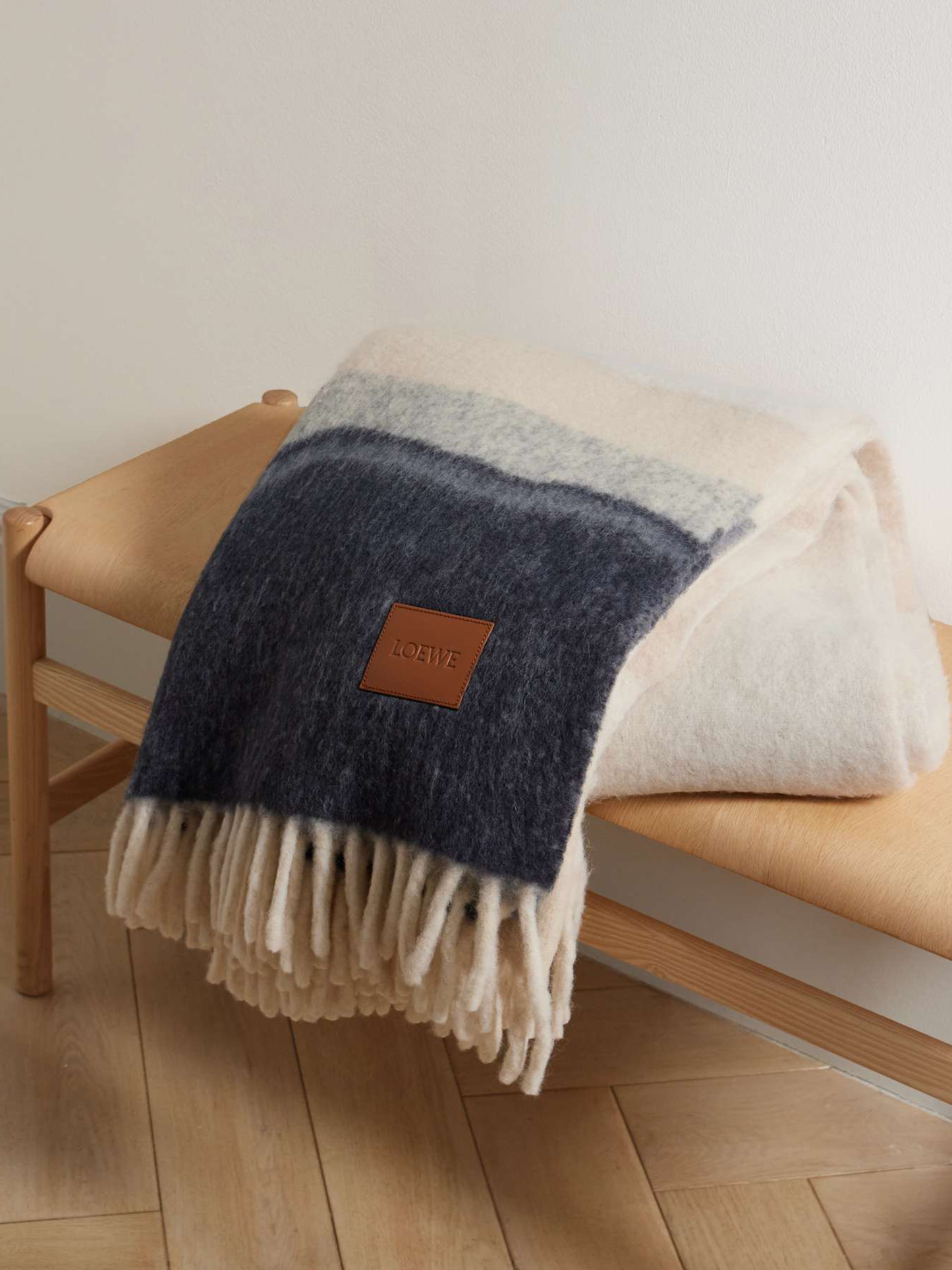 Leather-trimmed tasseled alpaca-blend jacquard blanket