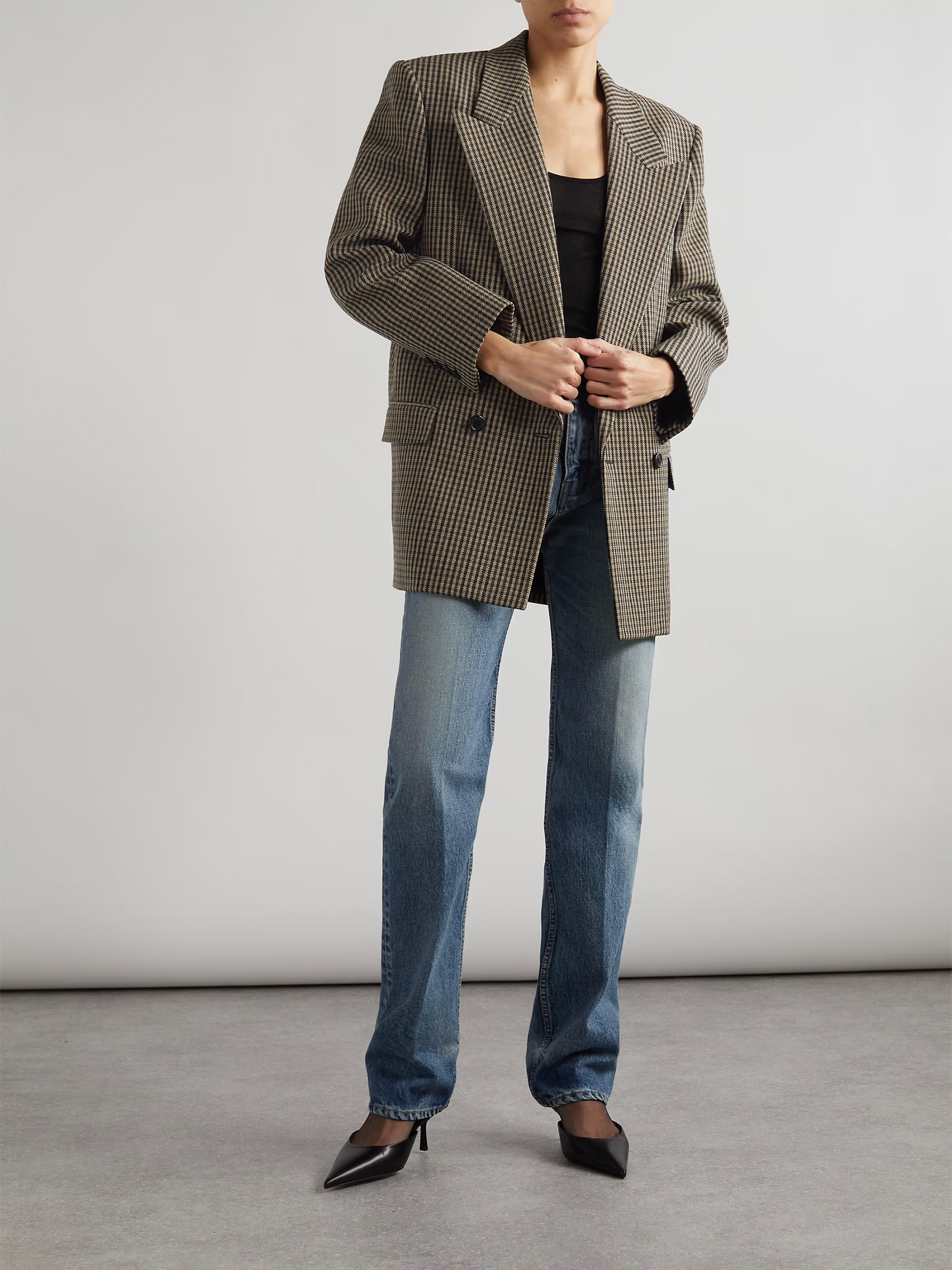 Double-breasted checked wool-blend blazer