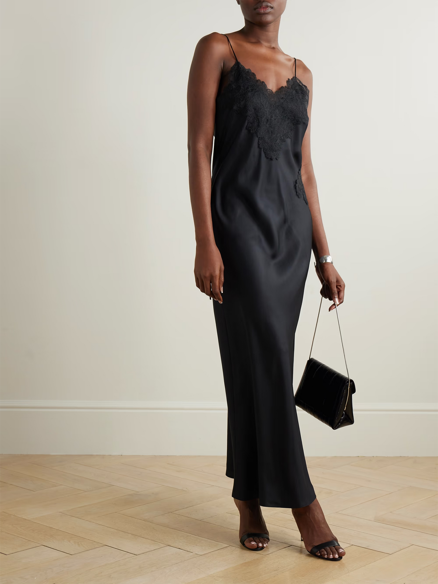 Lace-Trimmed Silk-Twill Maxi Dress