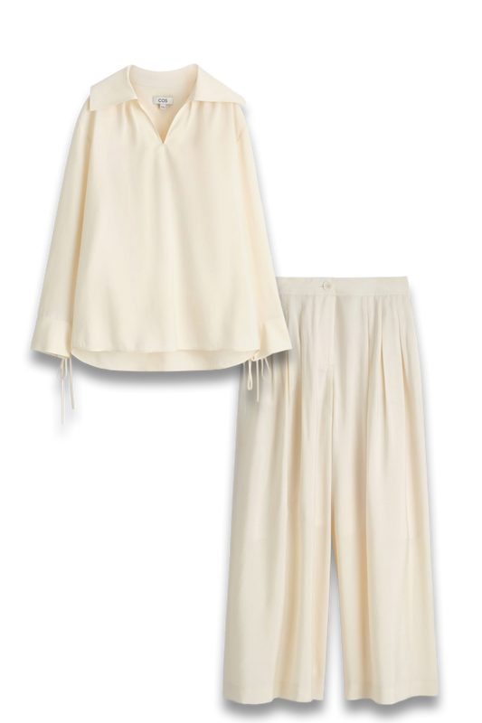 Wide-Collar Modal Blouse And Pleated Wide-Leg Trousers